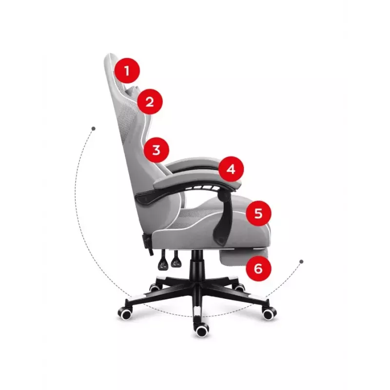 Cadeira gaming Huzaro FORCE 4.7 assento concha cinzento – tecido, assento e encosto almofadados, apoio de pés, peso máx. 140 kg, altura 113–123 cm
