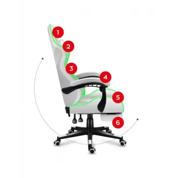 Cadeira gaming Huzaro FORCE 4.7 RGB branco — assento concha almofadado em tecido, carga máx. 140 kg, altura ajustável 43–53 cm, inclinação 90–140°