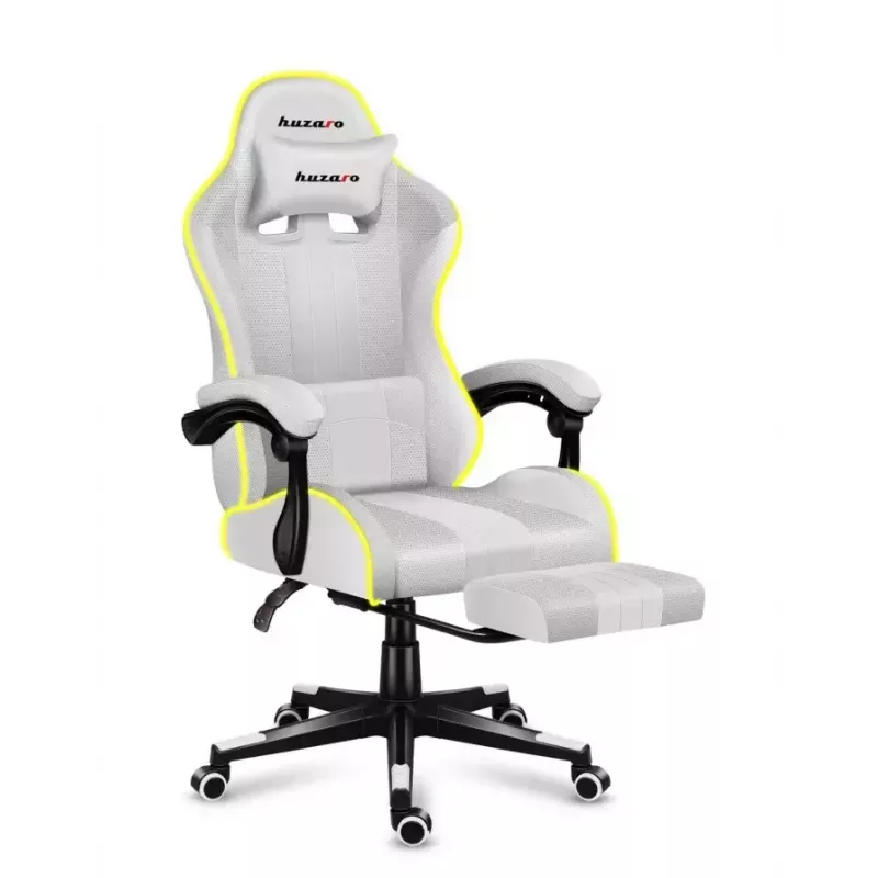 Cadeira gaming Huzaro FORCE 4.7 RGB branco — assento concha almofadado em tecido, carga máx. 140 kg, altura ajustável 43–53 cm, inclinação 90–140°