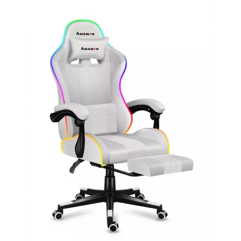 Cadeira gaming Huzaro FORCE 4.7 RGB branco — assento concha almofadado em tecido, carga máx. 140 kg, altura ajustável 43–53 cm, inclinação 90–140°