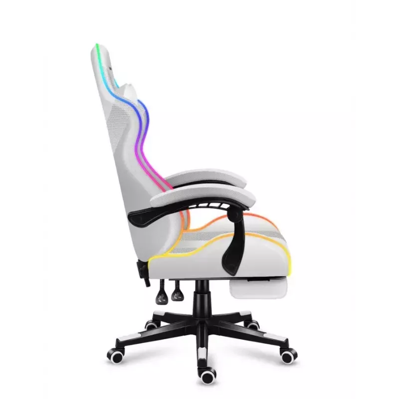 Cadeira gaming Huzaro FORCE 4.7 RGB branco — assento concha almofadado em tecido, carga máx. 140 kg, altura ajustável 43–53 cm, inclinação 90–140°