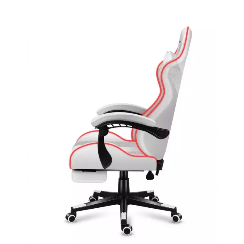 Cadeira gaming Huzaro FORCE 4.7 RGB branco — assento concha almofadado em tecido, carga máx. 140 kg, altura ajustável 43–53 cm, inclinação 90–140°