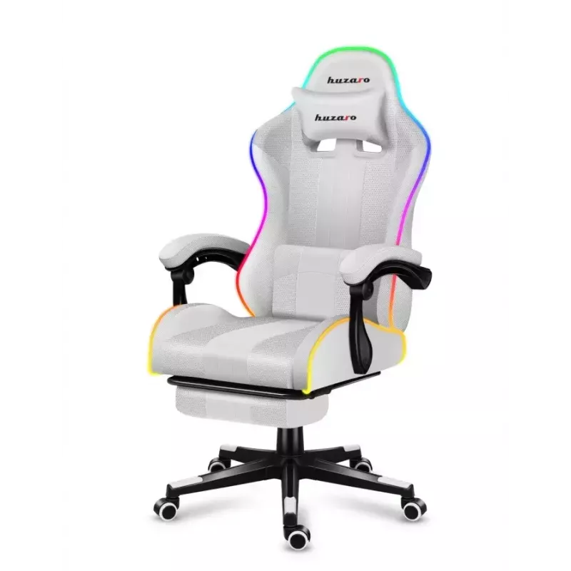 Cadeira gaming Huzaro FORCE 4.7 RGB branco — assento concha almofadado em tecido, carga máx. 140 kg, altura ajustável 43–53 cm, inclinação 90–140°