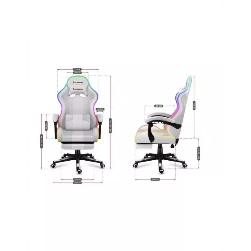 Cadeira gaming Huzaro FORCE 4.7 RGB branco — assento concha almofadado em tecido, carga máx. 140 kg, altura ajustável 43–53 cm, inclinação 90–140°