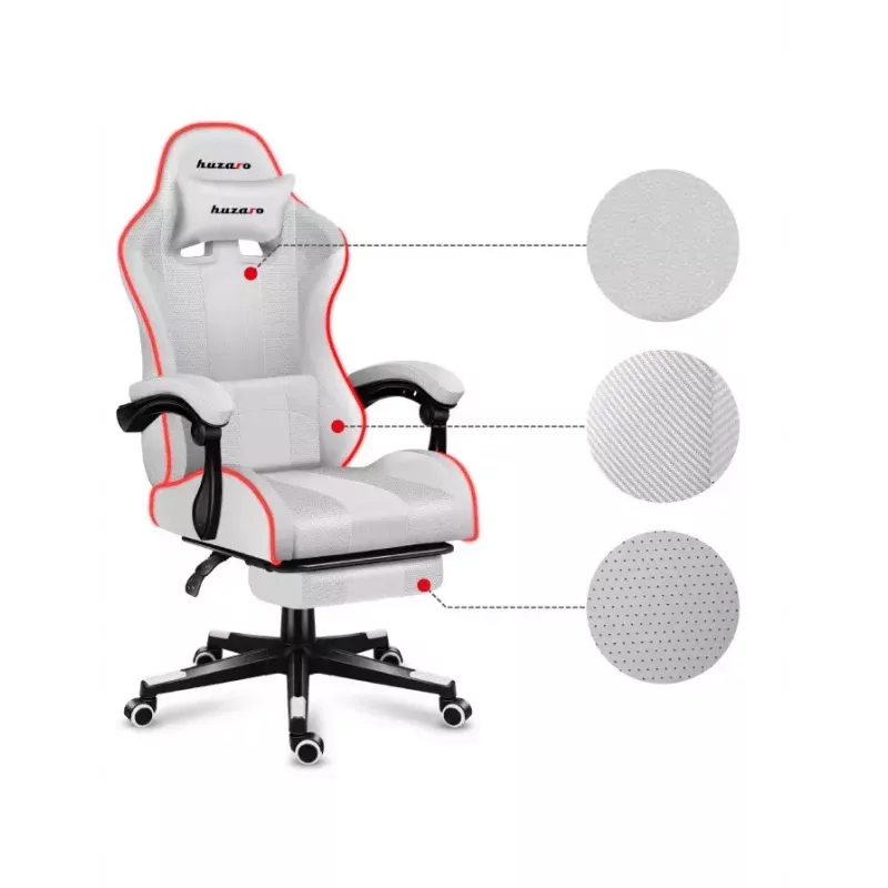 Cadeira gaming Huzaro FORCE 4.7 RGB branco — assento concha almofadado em tecido, carga máx. 140 kg, altura ajustável 43–53 cm, inclinação 90–140°