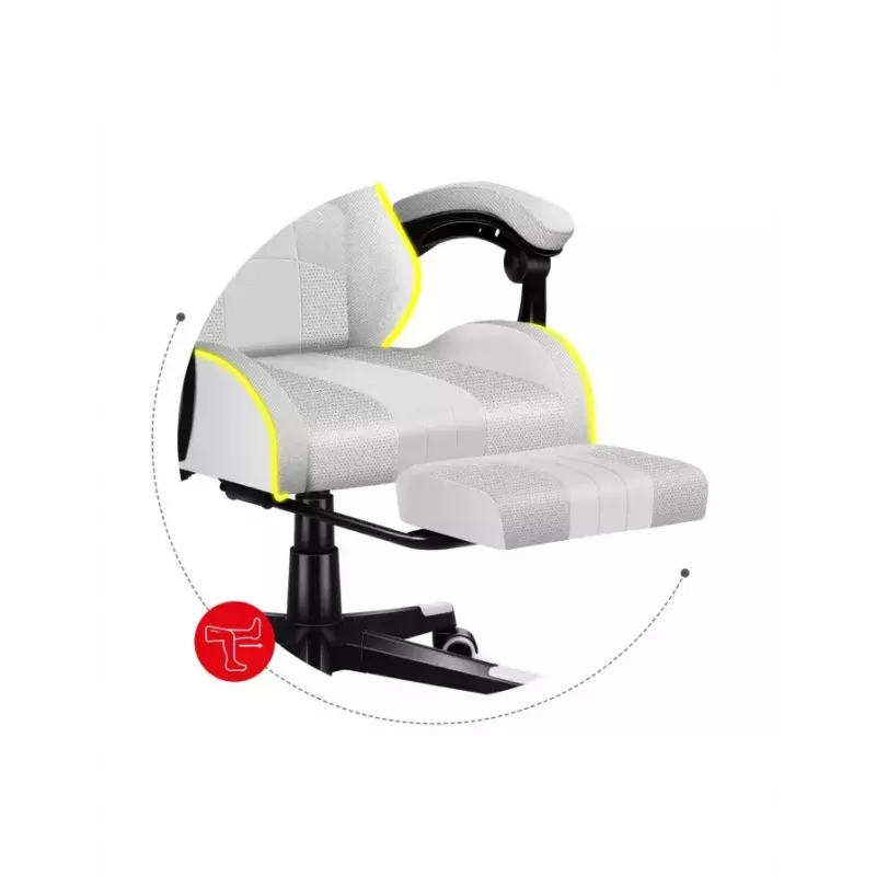 Cadeira gaming Huzaro FORCE 4.7 RGB branco — assento concha almofadado em tecido, carga máx. 140 kg, altura ajustável 43–53 cm, inclinação 90–140°