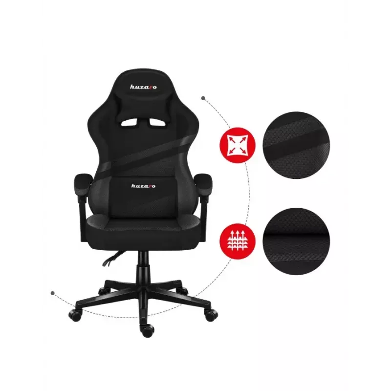 Cadeira gaming Huzaro FORCE 4.4 CARBON — assento desportivo almofadado em tecido, altura 115–125 cm, carga máx. 130 kg, base de aço, apoios de braços ajustáveis