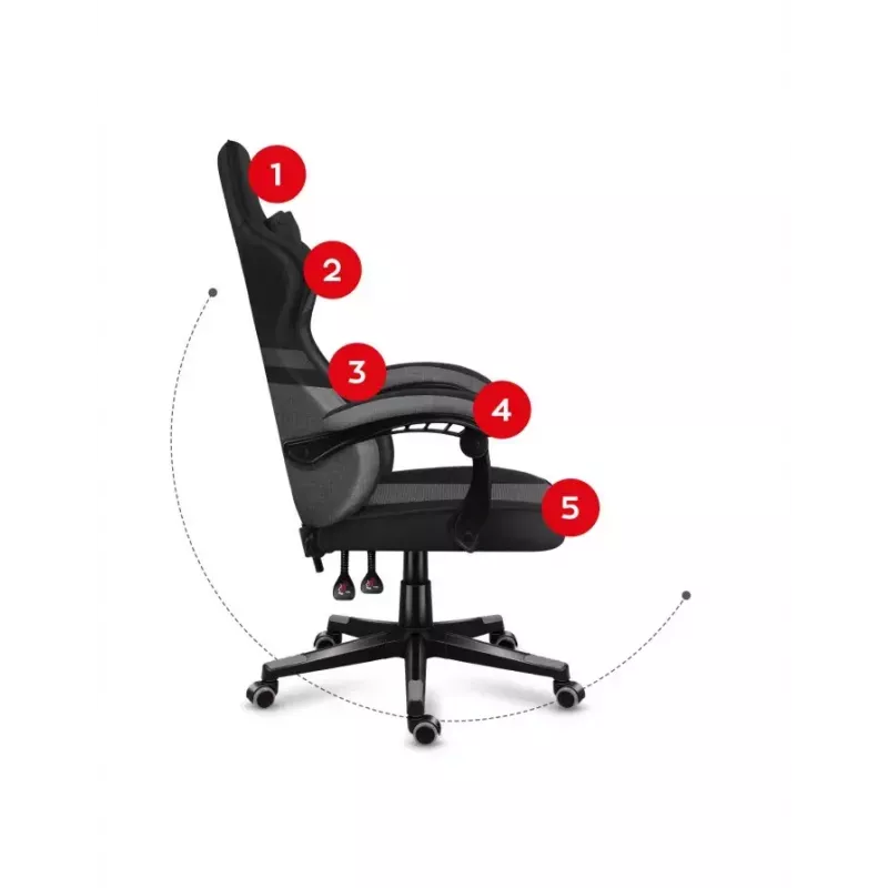 Cadeira gaming huzaro FORCE 4.4 com assento tipo concha preto cinzento — tecido mesh, máx. 130 kg, altura ajustável 45–55 cm, 5 rodas