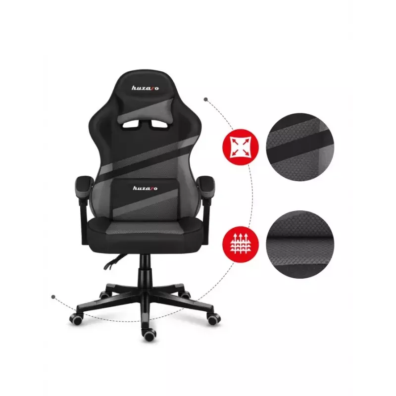 Cadeira gaming huzaro FORCE 4.4 com assento tipo concha preto cinzento — tecido mesh, máx. 130 kg, altura ajustável 45–55 cm, 5 rodas