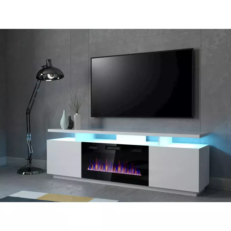 Móvel de TV Cama Meble EVA com lareira elétrica 180×40×52 cm, corpo branco, portas branco brilhante, tampo em MDF