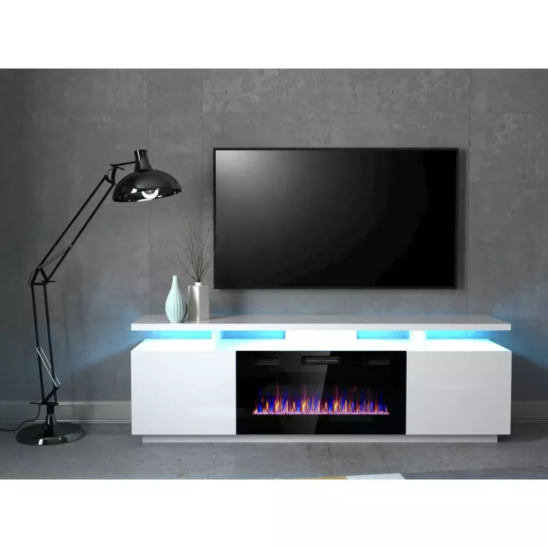 Móvel de TV Cama Meble EVA com lareira elétrica 180×40×52 cm, corpo branco, portas branco brilhante, tampo em MDF