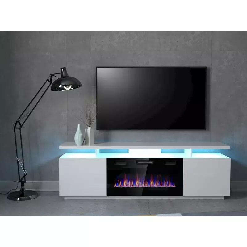 Móvel de TV Cama Meble EVA com lareira elétrica 180×40×52 cm, corpo branco, portas branco brilhante, tampo em MDF