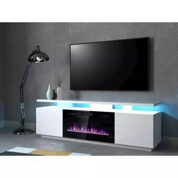 Móvel de TV Cama Meble EVA com lareira elétrica 180×40×52 cm, corpo branco, portas branco brilhante, tampo em MDF