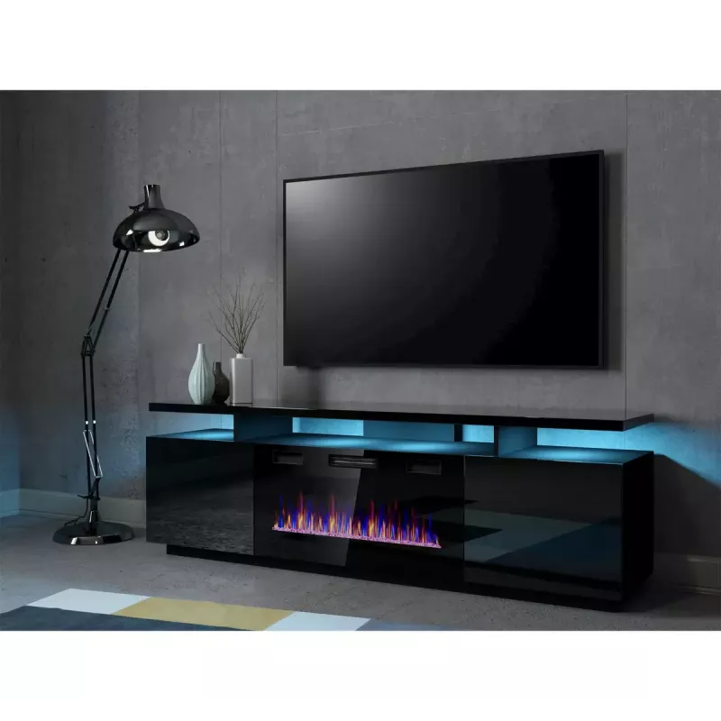 Móvel de TV Cama Meble EVA com lareira elétrica 180x40x52 cm, preto/preto brilhante