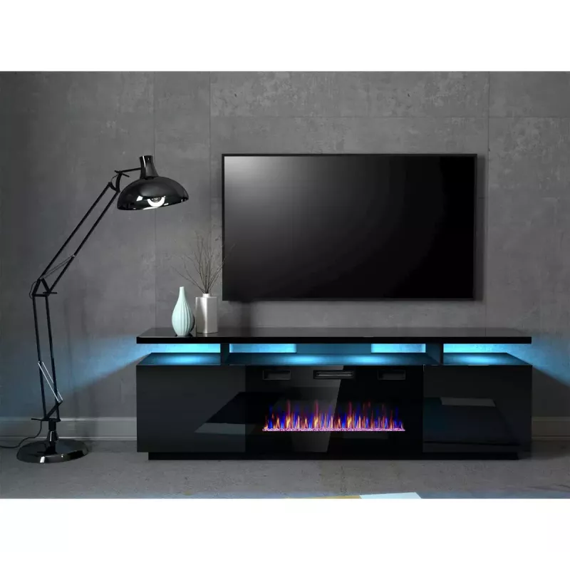 Móvel de TV Cama Meble EVA com lareira elétrica 180x40x52 cm, preto/preto brilhante