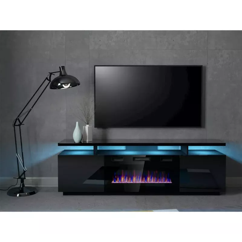 Móvel de TV Cama Meble EVA com lareira elétrica 180x40x52 cm, preto/preto brilhante