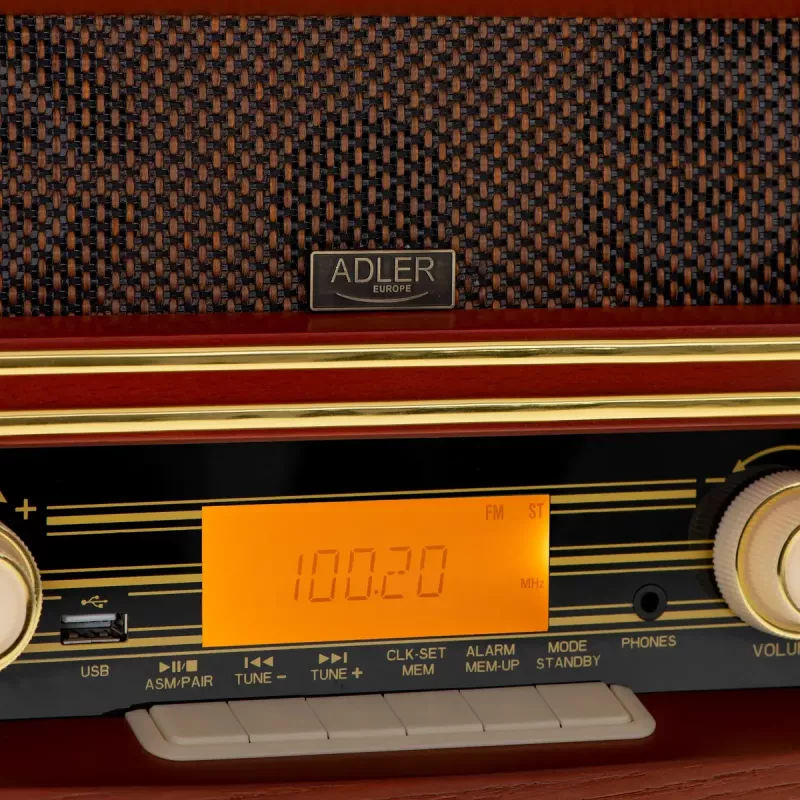 Rádio portátil Adler AD 1187 – FM, 10 W RMS, ecrã LCD, castanho, 300×140×210 mm