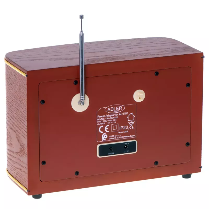 Rádio portátil Adler AD 1187 – FM, 10 W RMS, ecrã LCD, castanho, 300×140×210 mm