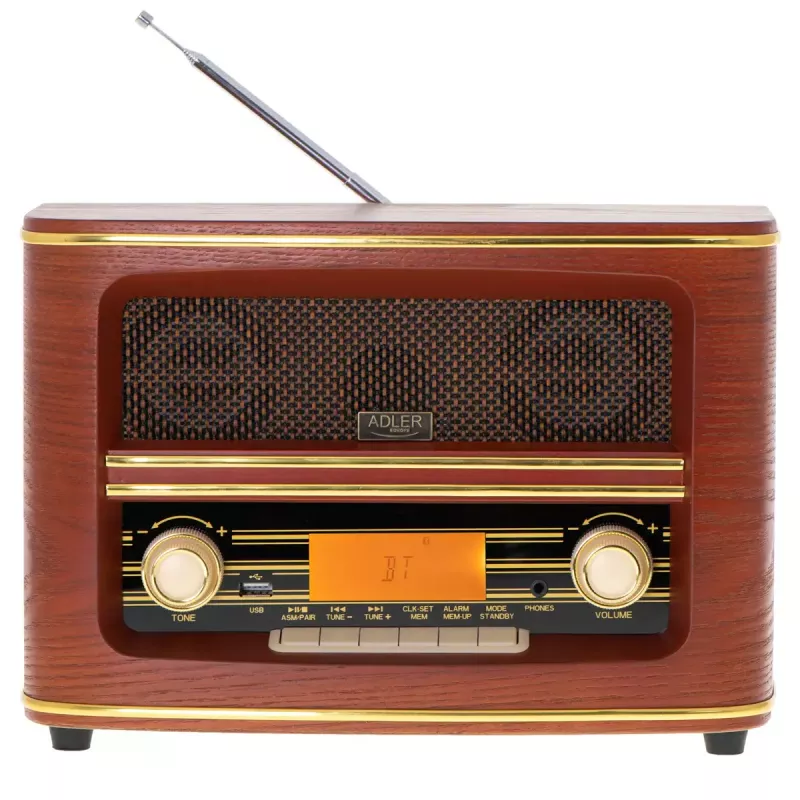 Rádio portátil Adler AD 1187 – FM, 10 W RMS, ecrã LCD, castanho, 300×140×210 mm