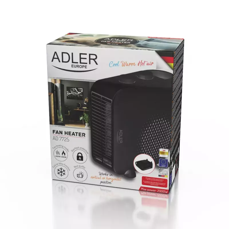 Termoventilador Adler AD 7725B, 2000 W, 2 níveis de potência, termostato ajustável, preto
