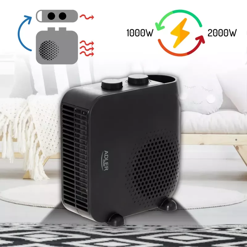 Termoventilador Adler AD 7725B, 2000 W, 2 níveis de potência, termostato ajustável, preto