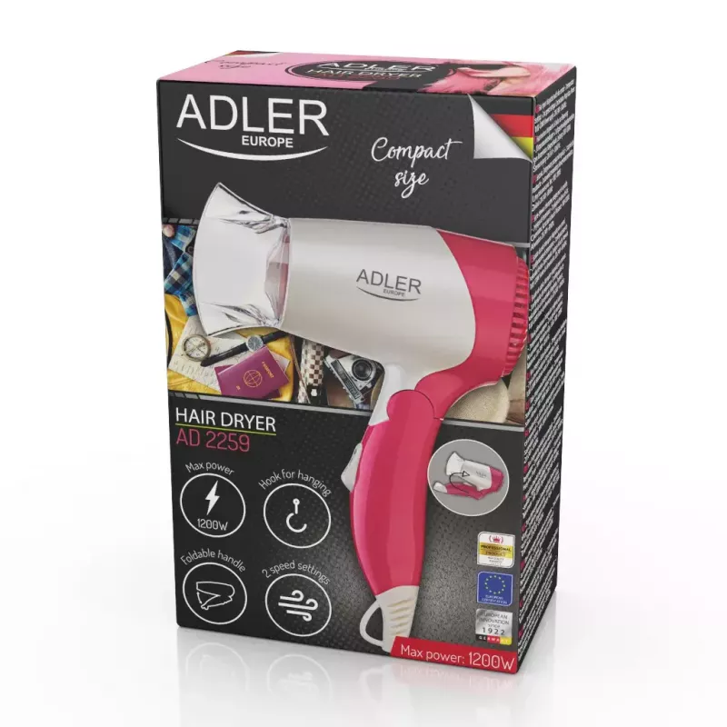 Secador de cabelo Adler AD 2259 — 1200 W, 2 velocidades, cabo dobrável, concentrador, rosa/branco