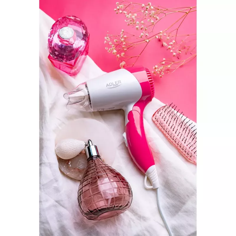 Secador de cabelo Adler AD 2259 — 1200 W, 2 velocidades, cabo dobrável, concentrador, rosa/branco