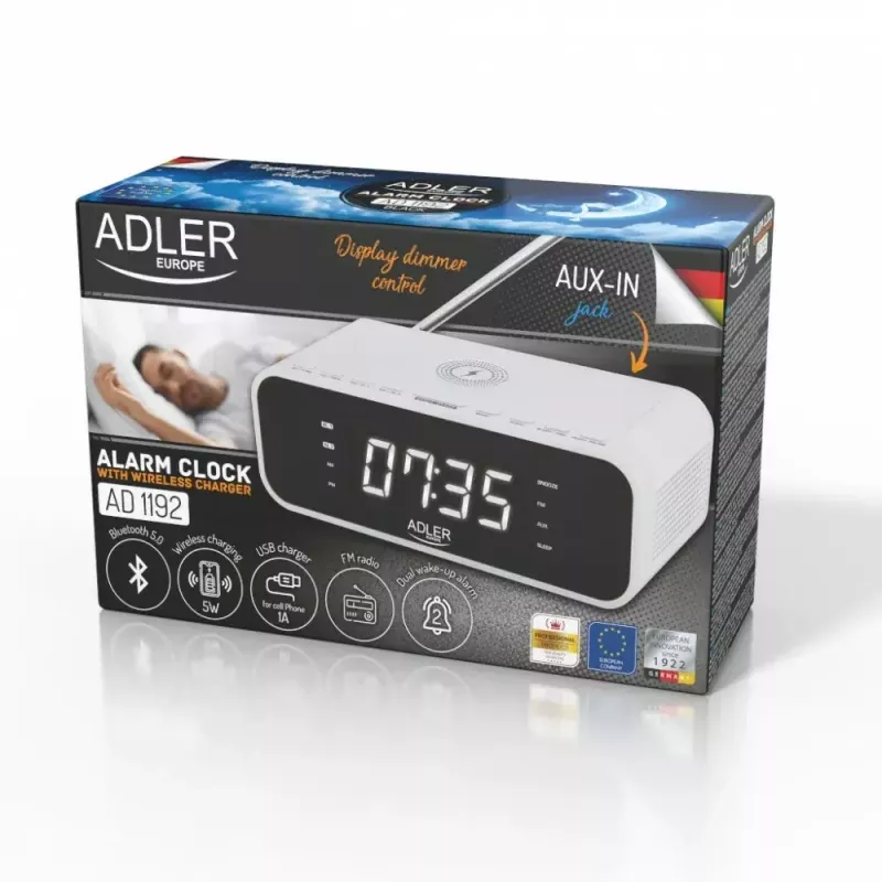 Despertador Adler AD 1192W – despertador de mesa compacto com carregador sem fios e entrada AUX, branco