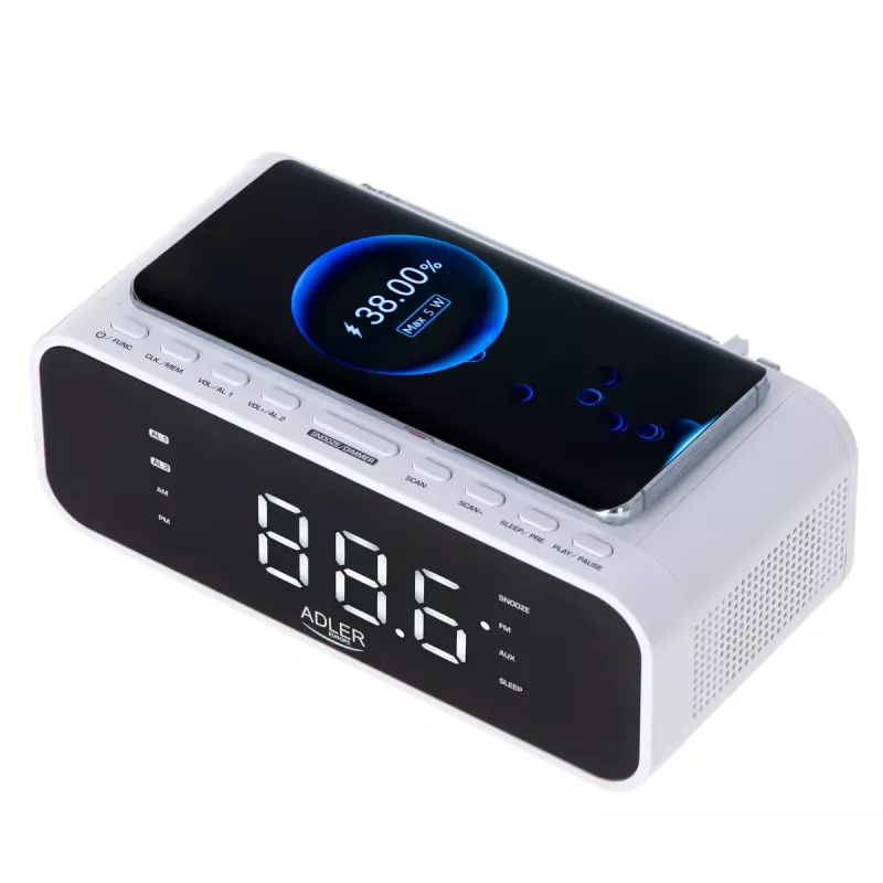 Despertador Adler AD 1192W – despertador de mesa compacto com carregador sem fios e entrada AUX, branco
