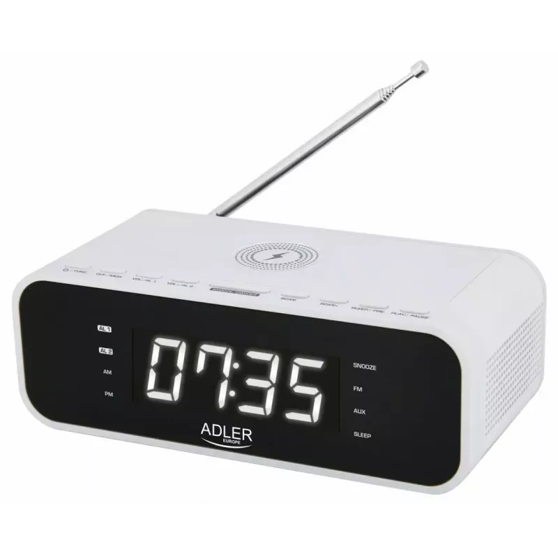 Despertador Adler AD 1192W – despertador de mesa compacto com carregador sem fios e entrada AUX, branco