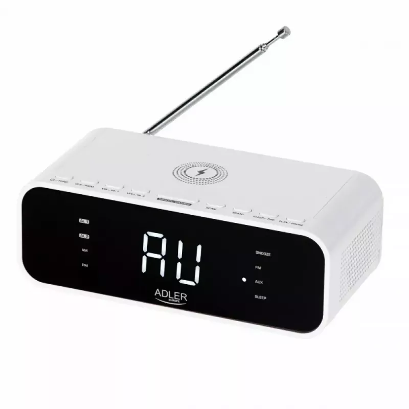 Despertador Adler AD 1192W – despertador de mesa compacto com carregador sem fios e entrada AUX, branco