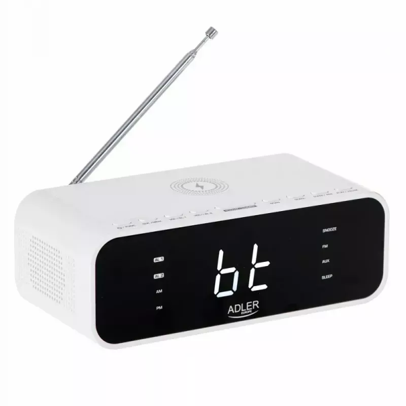 Despertador Adler AD 1192W – despertador de mesa compacto com carregador sem fios e entrada AUX, branco