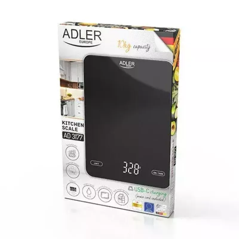 Balança de cozinha eletrónica Adler AD 3177b – capacidade de 10 kg, precisão de 1 g, preta, superfície de vidro