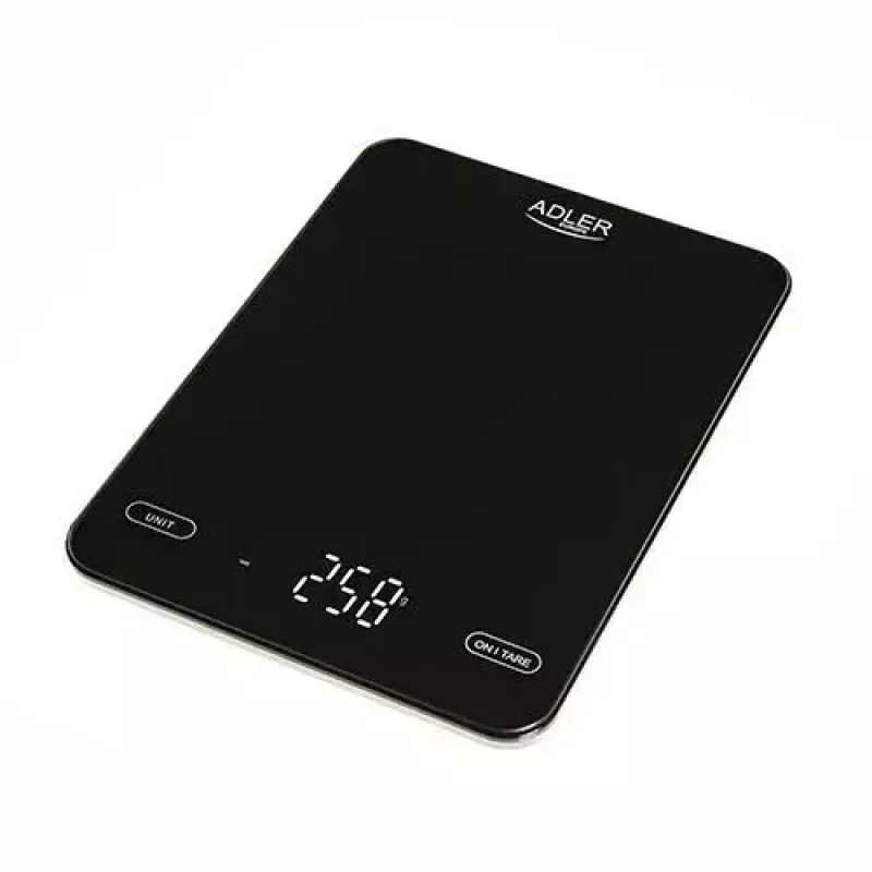 Balança de cozinha eletrónica Adler AD 3177b – capacidade de 10 kg, precisão de 1 g, preta, superfície de vidro