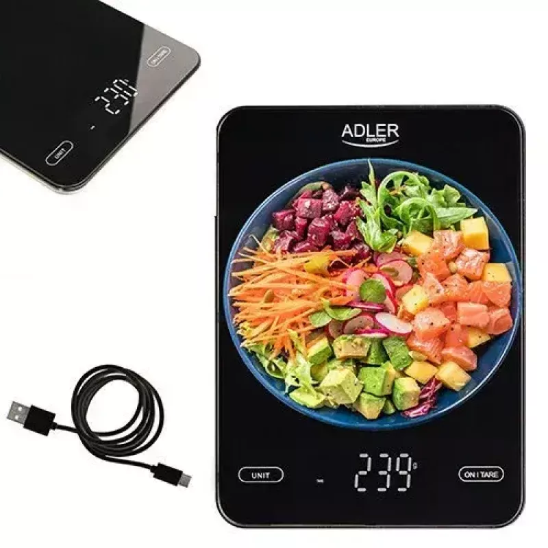 Balança de cozinha eletrónica Adler AD 3177b – capacidade de 10 kg, precisão de 1 g, preta, superfície de vidro