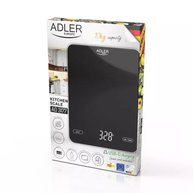 Balança de cozinha eletrónica Adler AD 3177b – capacidade de 10 kg, precisão de 1 g, preta, superfície de vidro