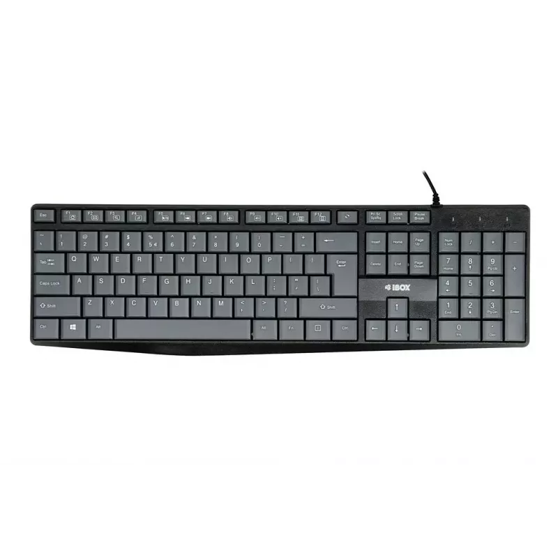 Teclado USB com fios IBOX Eris IKC2010G — tamanho completo 105 teclas, USB, cinzento/preto, resistente à água, cabo de 1,8 m