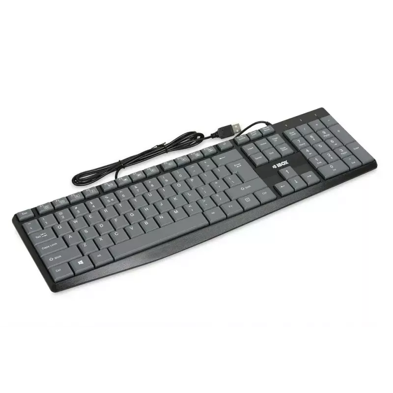 Teclado USB com fios IBOX Eris IKC2010G — tamanho completo 105 teclas, USB, cinzento/preto, resistente à água, cabo de 1,8 m