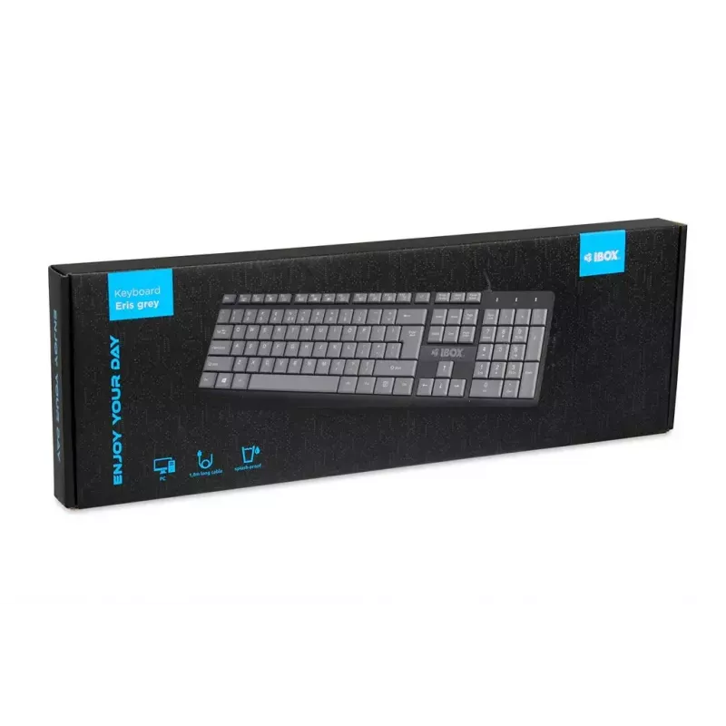 Teclado USB com fios IBOX Eris IKC2010G — tamanho completo 105 teclas, USB, cinzento/preto, resistente à água, cabo de 1,8 m