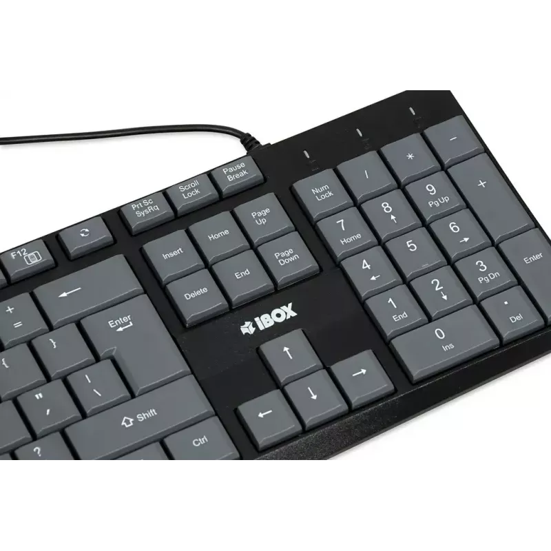 Teclado USB com fios IBOX Eris IKC2010G — tamanho completo 105 teclas, USB, cinzento/preto, resistente à água, cabo de 1,8 m