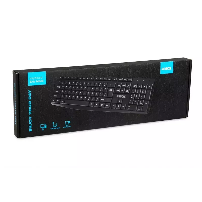 Teclado USB com fios IBOX Eris IKC2010B – tamanho completo 105 teclas, USB, resistente a salpicos, preto
