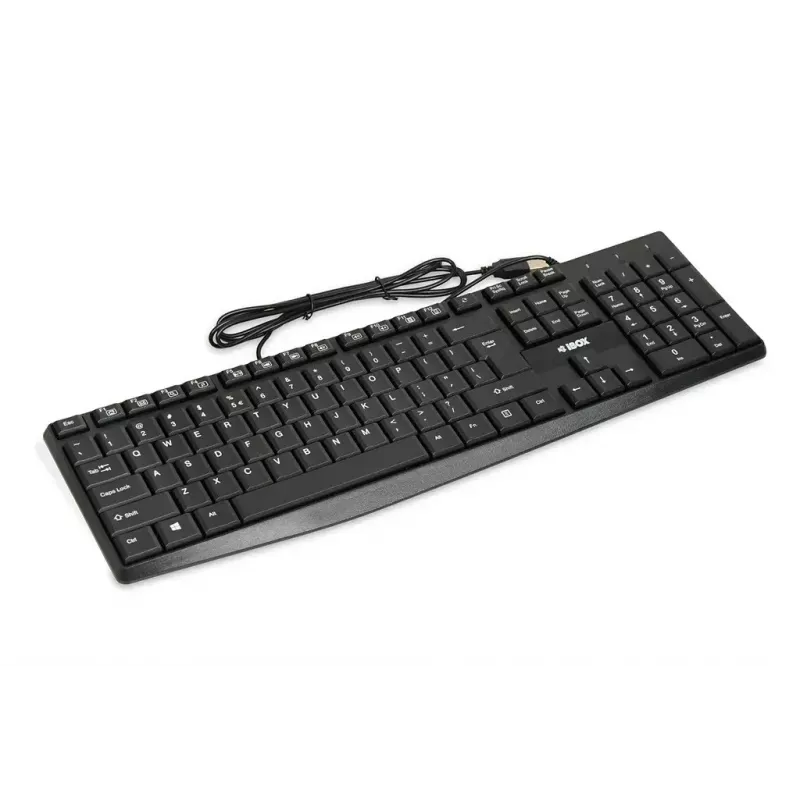 Teclado USB com fios IBOX Eris IKC2010B – tamanho completo 105 teclas, USB, resistente a salpicos, preto