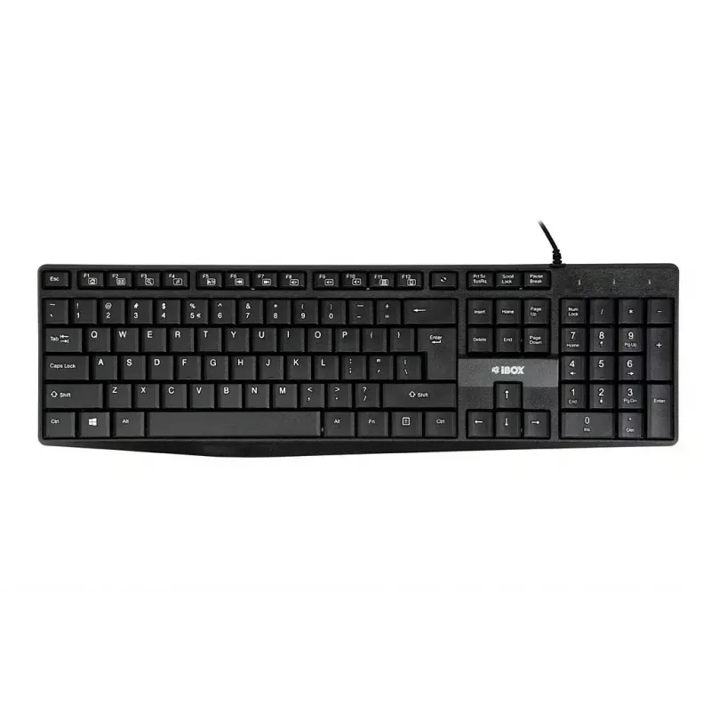 Teclado USB com fios IBOX Eris IKC2010B – tamanho completo 105 teclas, USB, resistente a salpicos, preto