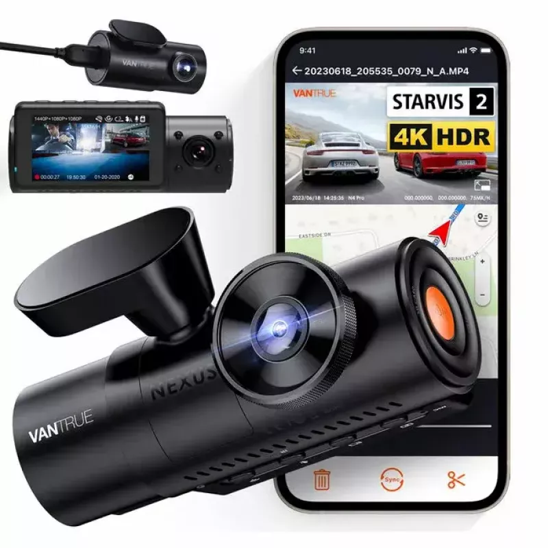 Dashcam VANTRUE N4 PRO dashcam de 3 canais, câmara principal 3840×2160, 165° frontal, 160° interior, GPS, Wi‑Fi, ecrã IPS, MicroSD até 512GB