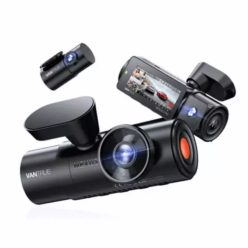 Dashcam VANTRUE N4 PRO dashcam de 3 canais, câmara principal 3840×2160, 165° frontal, 160° interior, GPS, Wi‑Fi, ecrã IPS, MicroSD até 512GB
