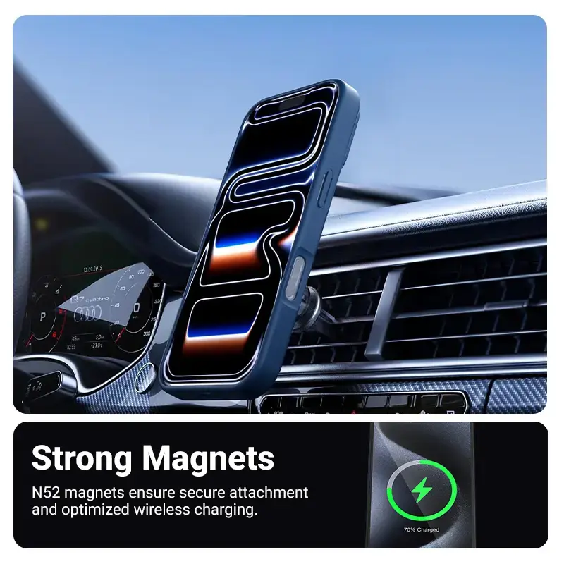Capa de proteção MagSafe Crong Hybrid Matte Magnetic para iPhone 17 Pro — PC + TPU, azul-marinho translúcido