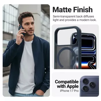 Capa de proteção MagSafe Crong Hybrid Matte Magnetic para iPhone 17 Pro — PC + TPU, azul-marinho translúcido
