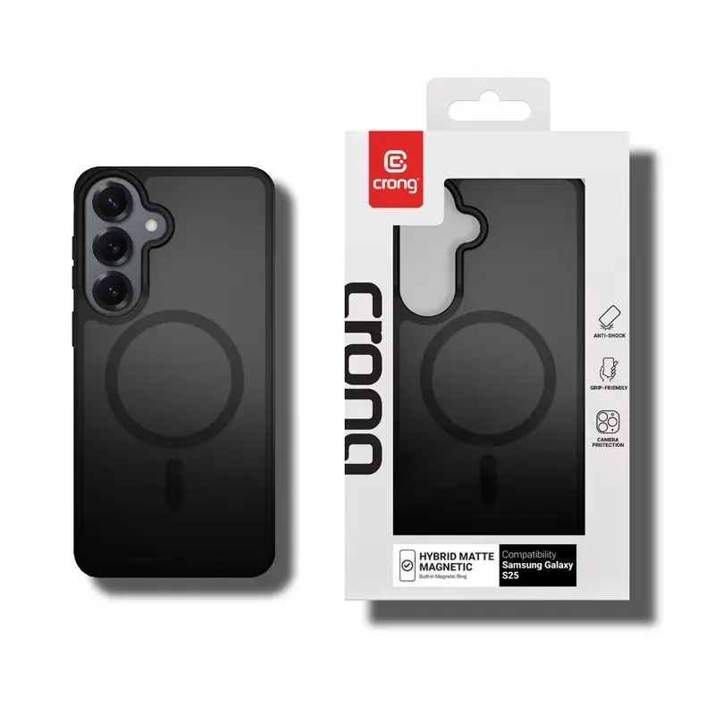 Capa magnética Crong Hybrid Matte para Samsung Galaxy S25 — TPU+PC, anéis magnéticos, preto