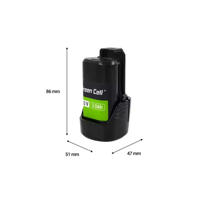 Bateria para aparafusadora Green Cell PTBO12V3 — Li-Ion 3 Ah, dimensões 5,1×4,7×8,6 cm