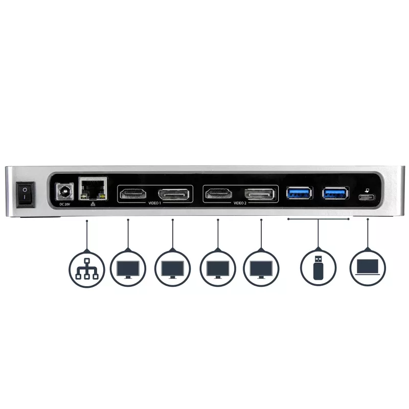 StarTech.com dock USB-C e USB-A - Dock dual-monitor 4K 60Hz DisplayPort + HDMI - Estação de acoplamento USB 3.0 híbrida para portáteis USB-C ou USB-A - 6x USB Type-A, GbE - USB 3.1 Gen 1 - Mac/Windows